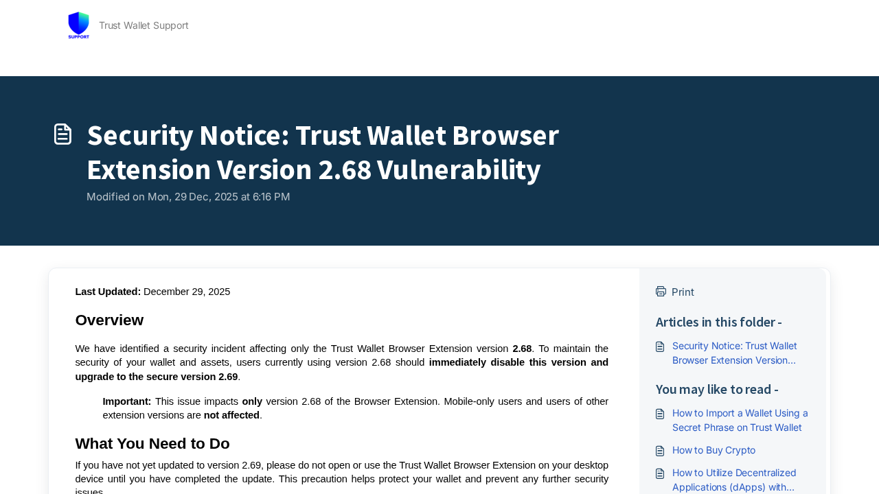 Trust Wallet security notice for browser extension version 2.68